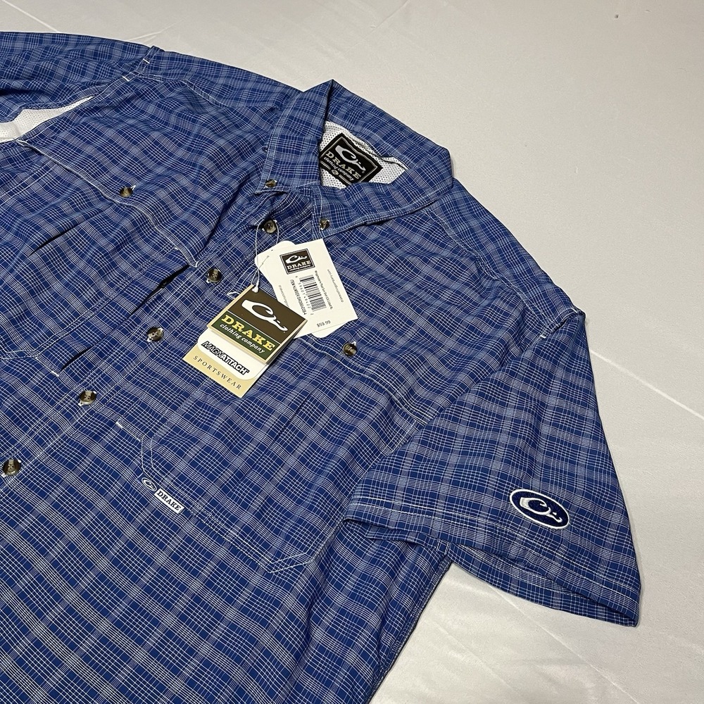 NWT Drake Shirt Size XL Blue Plaid Vented Short Sleeve Button Down Fishing Hunt